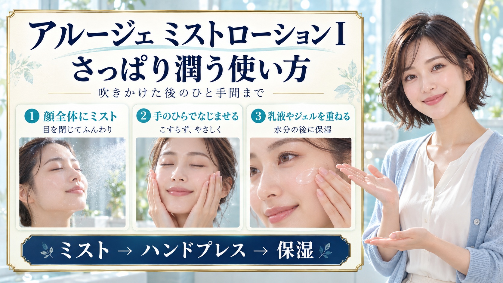 アルージェミストローションⅠのミスト、ハンドプレス、保湿の3手順