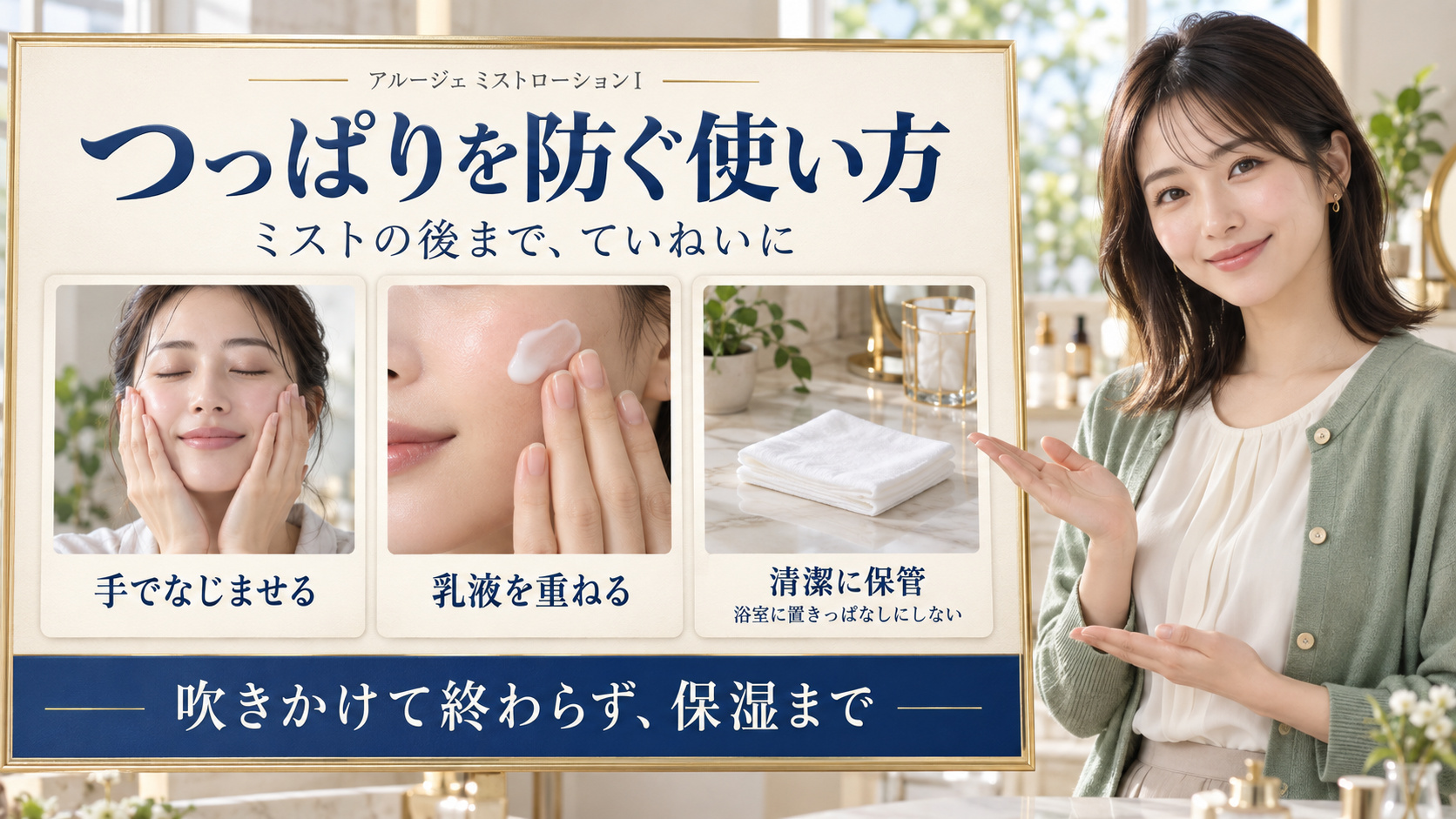 手でなじませる、乳液を重ねる、清潔に保管する三つのミストローションケア
