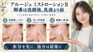 アルージェミストローションⅡは洗顔後に使い、美容液は必要に応じて重ね、最後に乳液やクリームで仕上げる順番