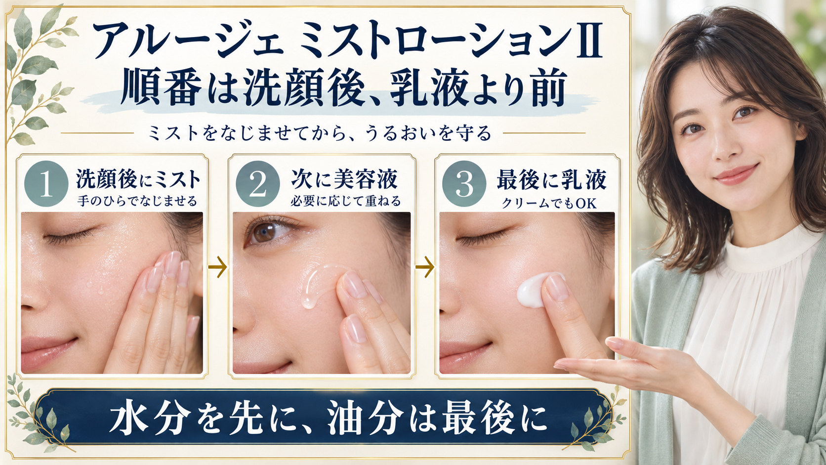 アルージェミストローションⅡは洗顔後に使い、美容液は必要に応じて重ね、最後に乳液やクリームで仕上げる順番