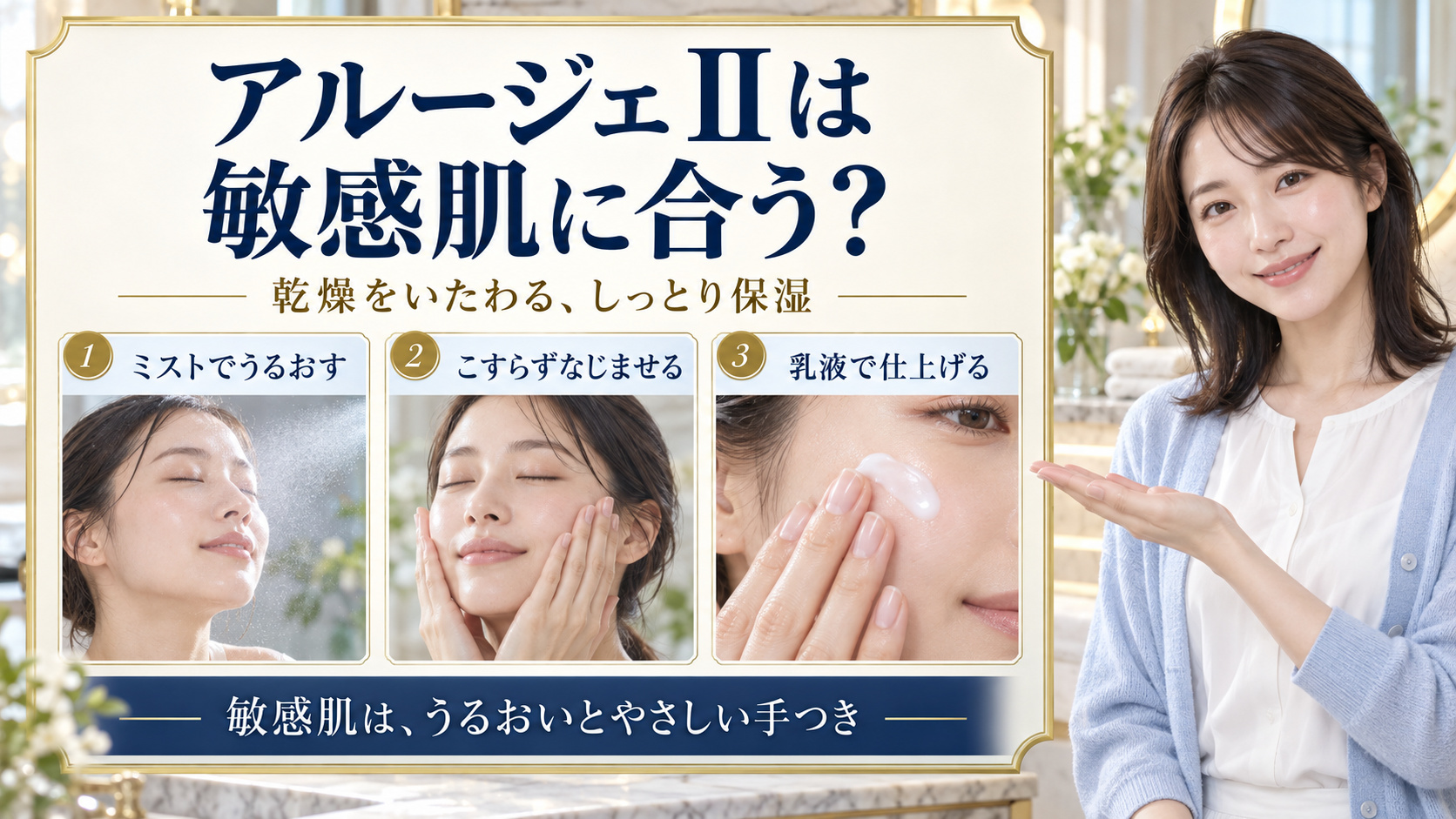 アルージェⅡの敏感肌ケア。ミストでうるおし、こすらずなじませ、乳液で仕上げる3手順