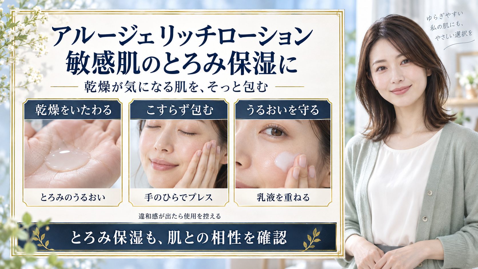 アルージェリッチローションのとろみ保湿、手のひらで包む塗布、乳液でうるおいを守る手順