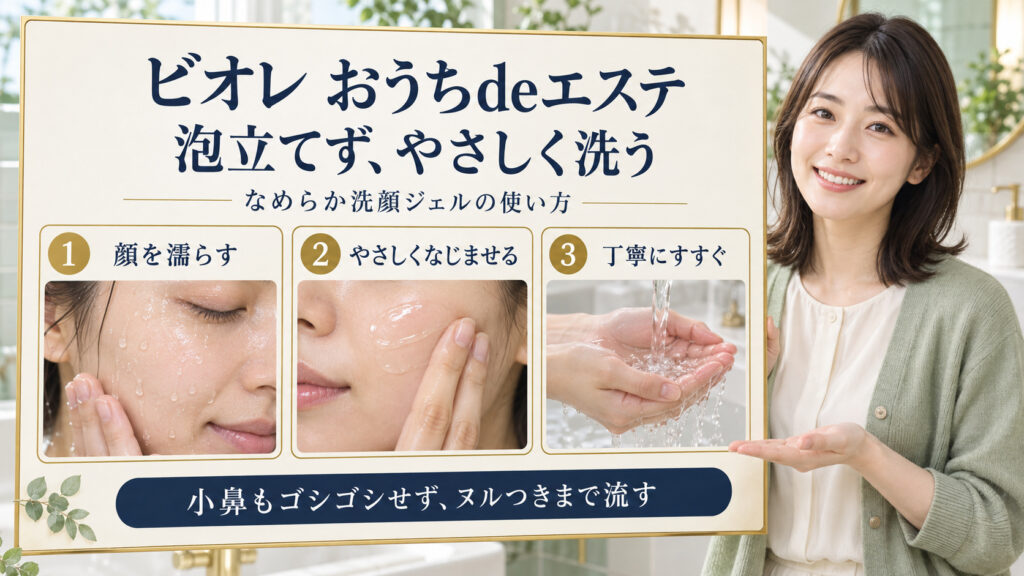 泡立てず、顔を濡らしてやさしくなじませ、丁寧にすすぐビオレおうちdeエステ洗顔ジェルの手順