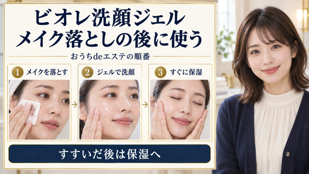 ビオレおうちdeエステ洗顔ジェルをメイク落としの後に使い、すすいだ後は保湿へ進む順番