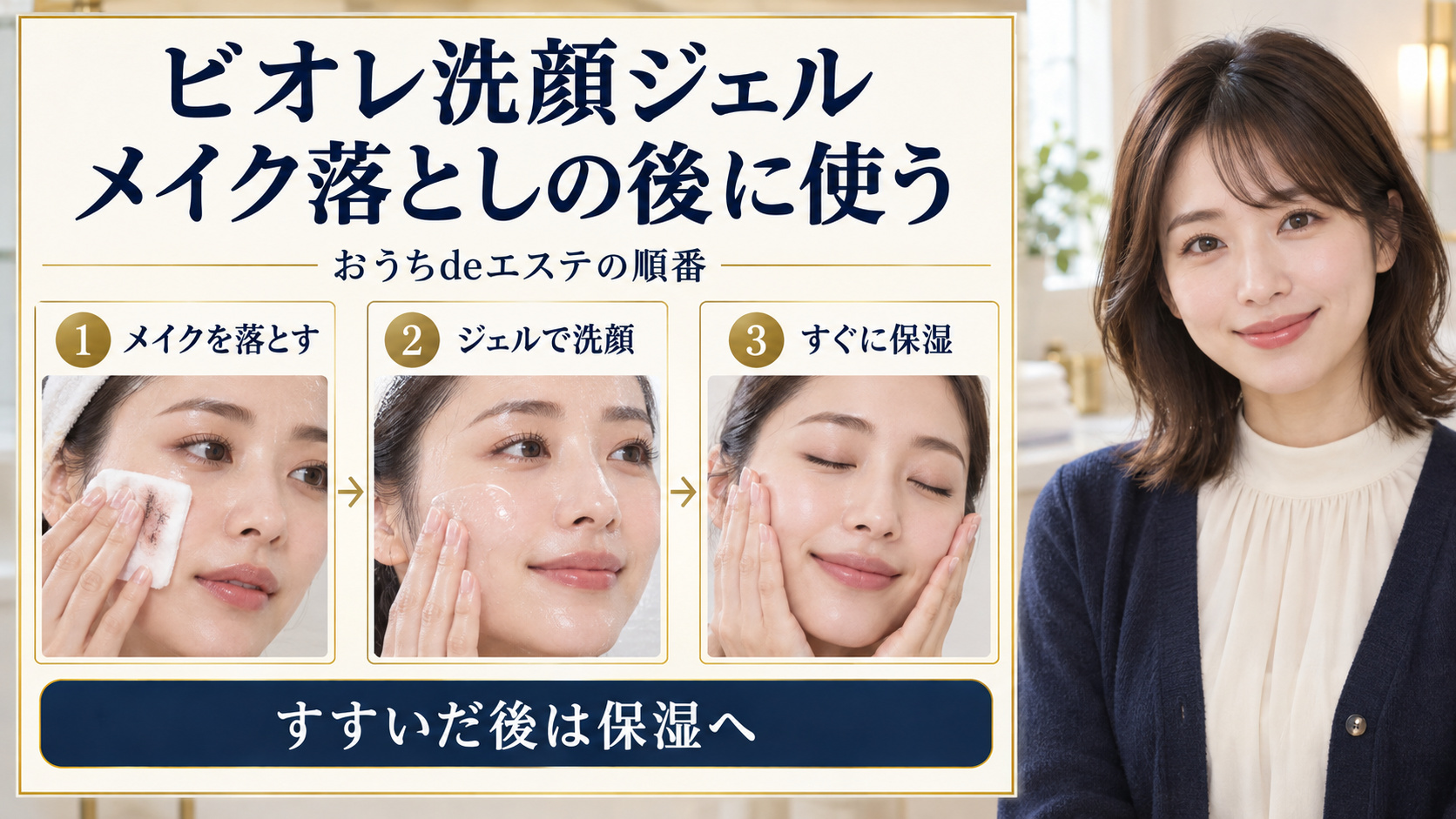 ビオレおうちdeエステ洗顔ジェルをメイク落としの後に使い、すすいだ後は保湿へ進む順番