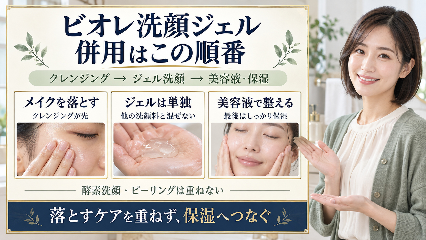ビオレ洗顔ジェルはクレンジング後に単独使用し、美容液と保湿へつなぐ併用順序