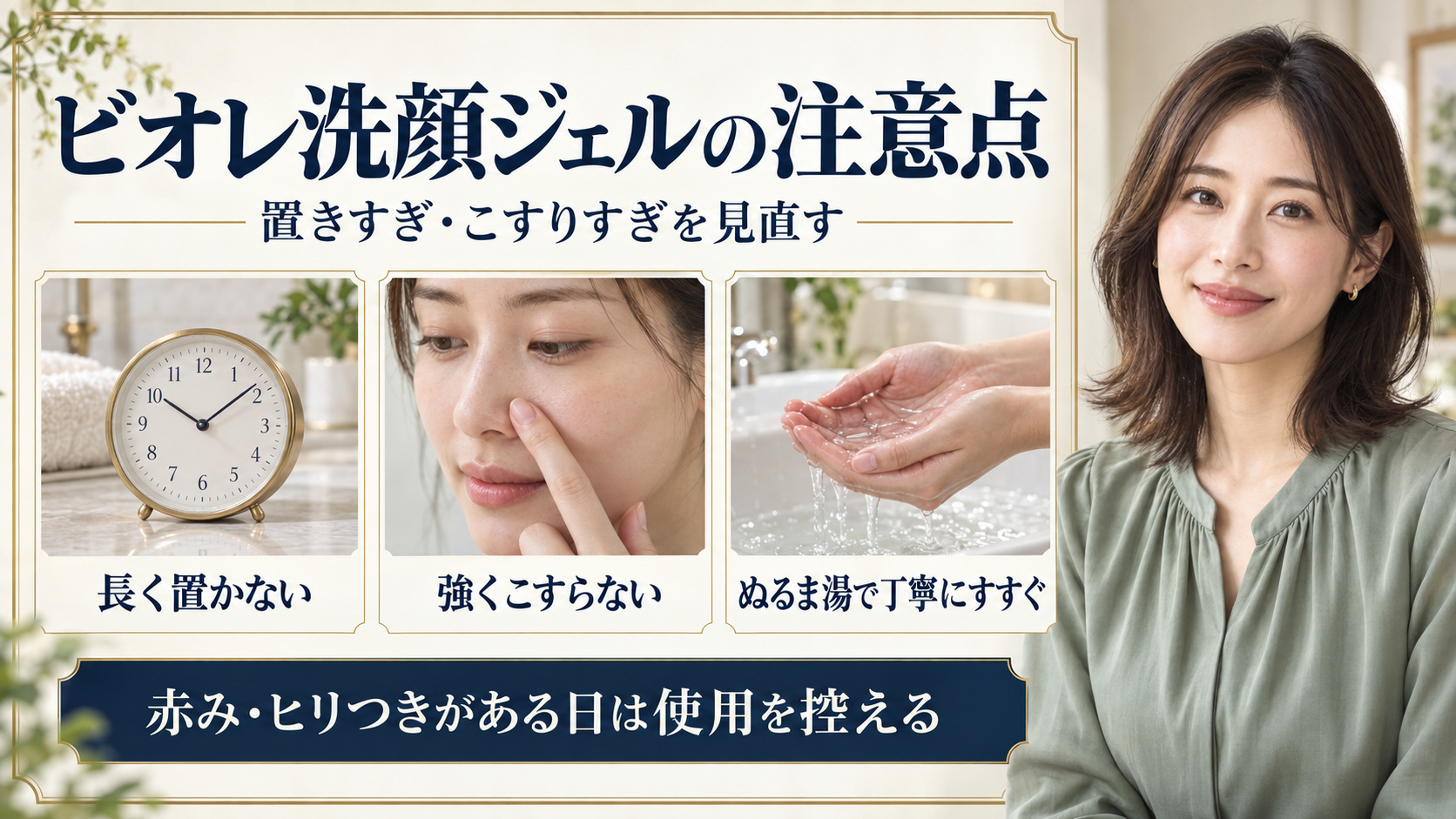 ビオレ洗顔ジェルは長く置かず強くこすらずぬるま湯で丁寧にすすぐ。赤みやヒリつきがある日は使用を控える