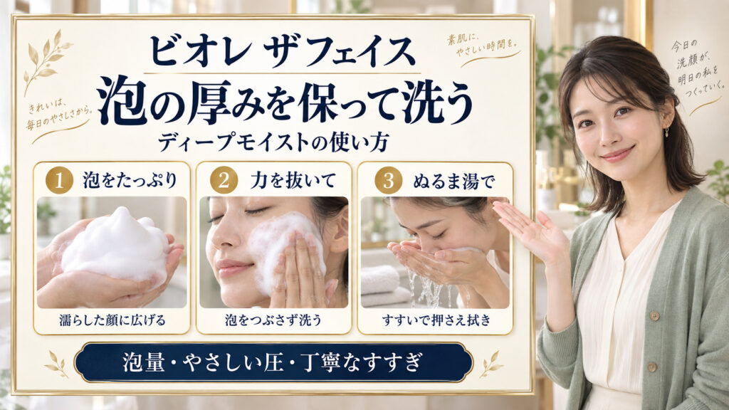ビオレ ザフェイスの使い方。泡をたっぷり広げ、力を抜いて洗い、ぬるま湯ですすぐ3つの工程
