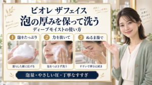 ビオレ ザフェイスの使い方。泡をたっぷり広げ、力を抜いて洗い、ぬるま湯ですすぐ3つの工程