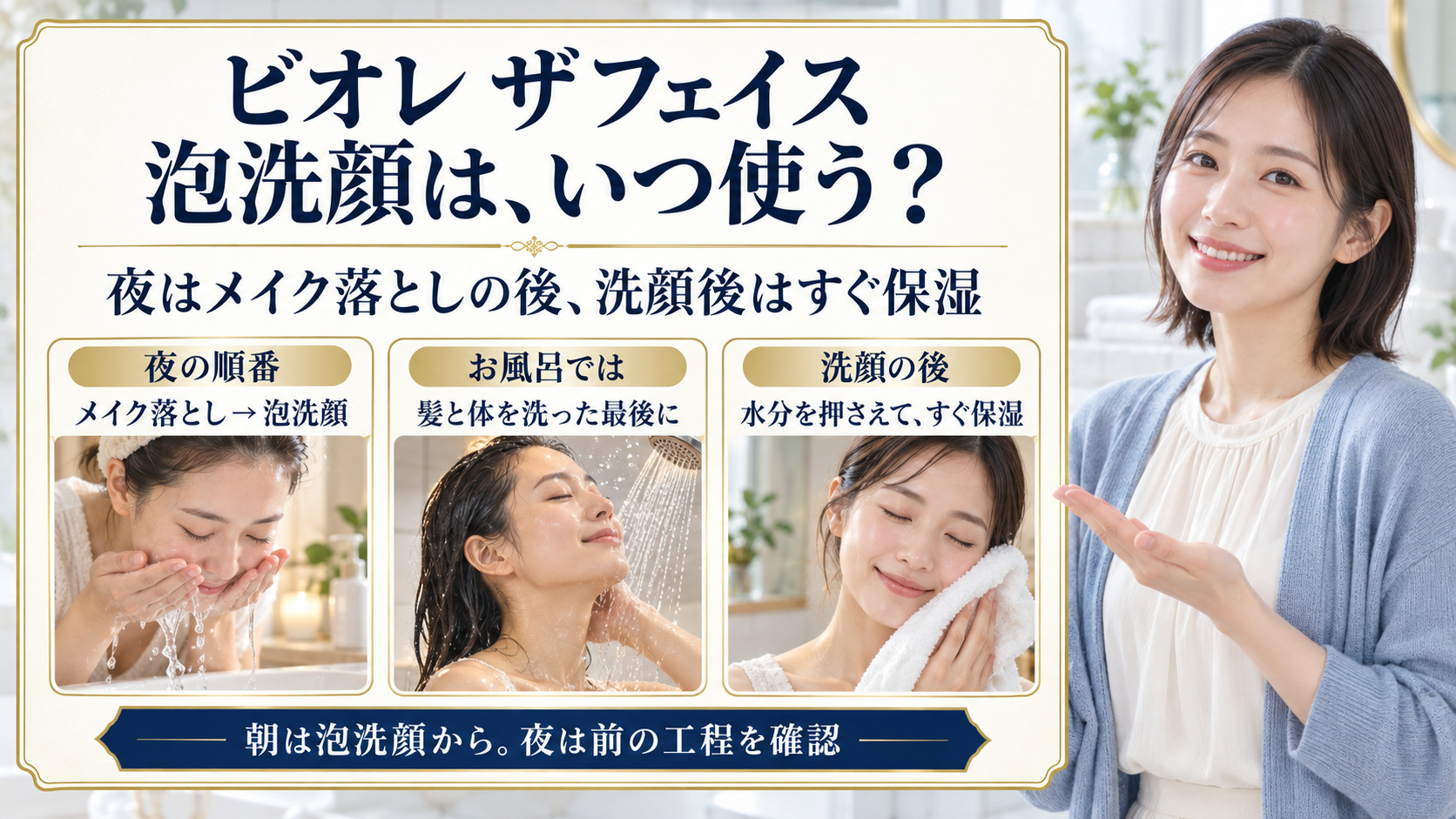 夜はメイク落とし後に泡洗顔、入浴では髪と体の最後、洗顔後はすぐ保湿