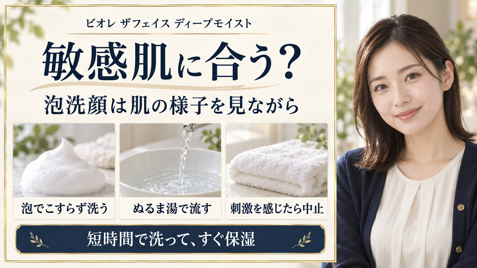 ビオレザフェイスディープモイストの敏感肌向け泡洗顔とぬるま湯すすぎ、刺激時中止の案内