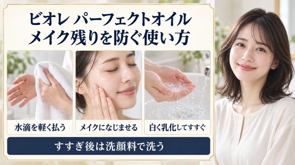 水滴を軽く払い、メイクになじませ、白く乳化してすすぐビオレパーフェクトオイルの使い方