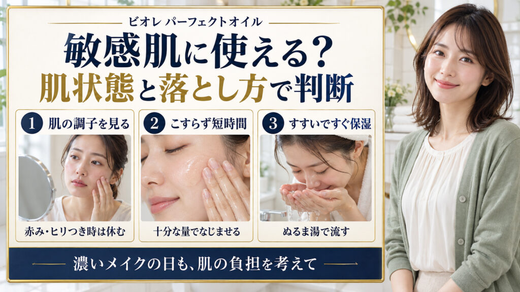 敏感肌の肌状態を見て、こすらず短時間になじませ、ぬるま湯ですすいで保湿する判断と手順