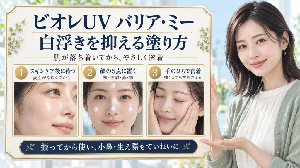 スキンケア後に待ち、顔の5点に置き、手のひらでやさしく密着させる使い方