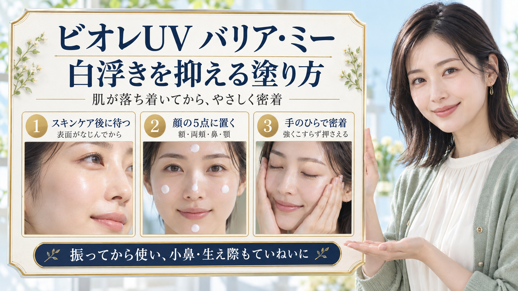 スキンケア後に待ち、顔の5点に置き、手のひらでやさしく密着させる使い方