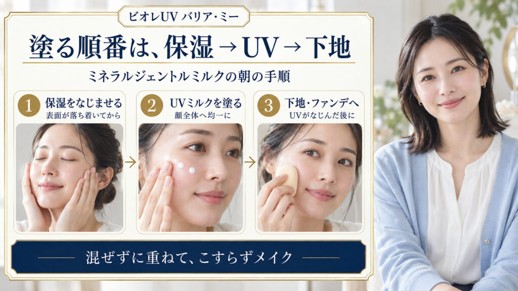 保湿をなじませ、ビオレUVバリア・ミーを均一に塗り、なじんでから下地とファンデーションを重ねる順番