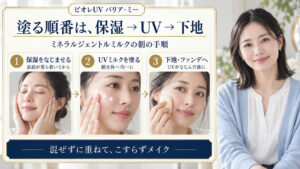 保湿をなじませ、ビオレUVバリア・ミーを均一に塗り、なじんでから下地とファンデーションを重ねる順番