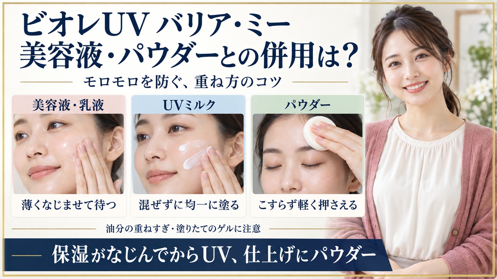 美容液と乳液を薄くなじませ、UVミルクは混ぜずに均一に塗り、パウダーを軽く押さえる併用手順