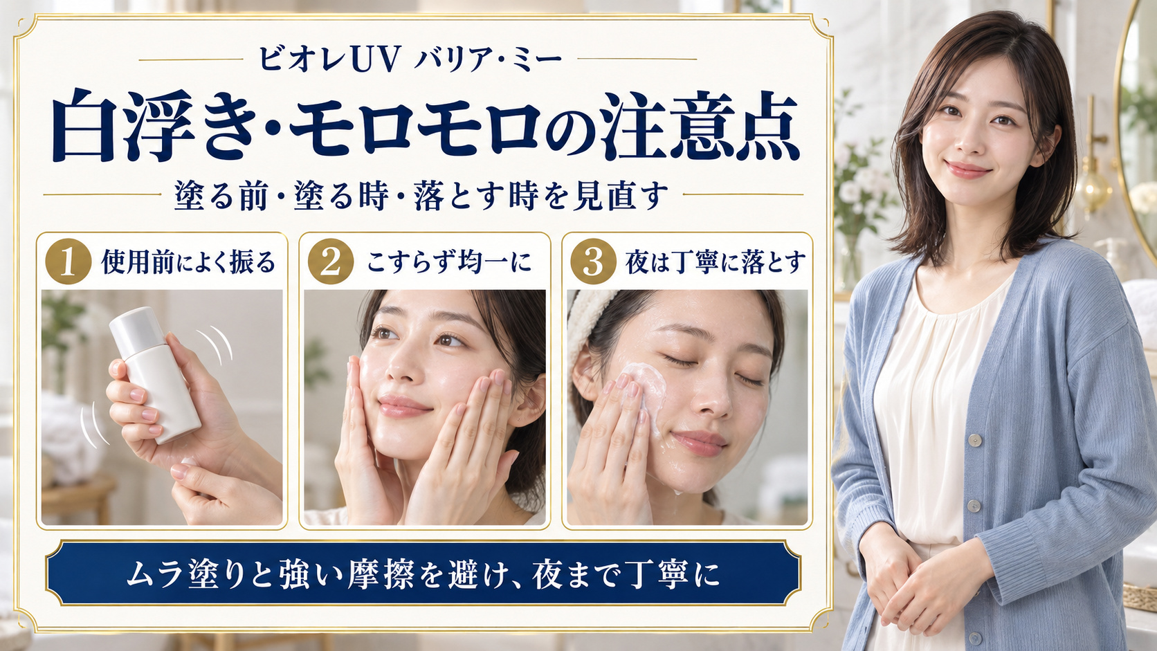 使用前によく振り、こすらず均一に塗り、夜は丁寧に落とすビオレUVバリア・ミーの注意点