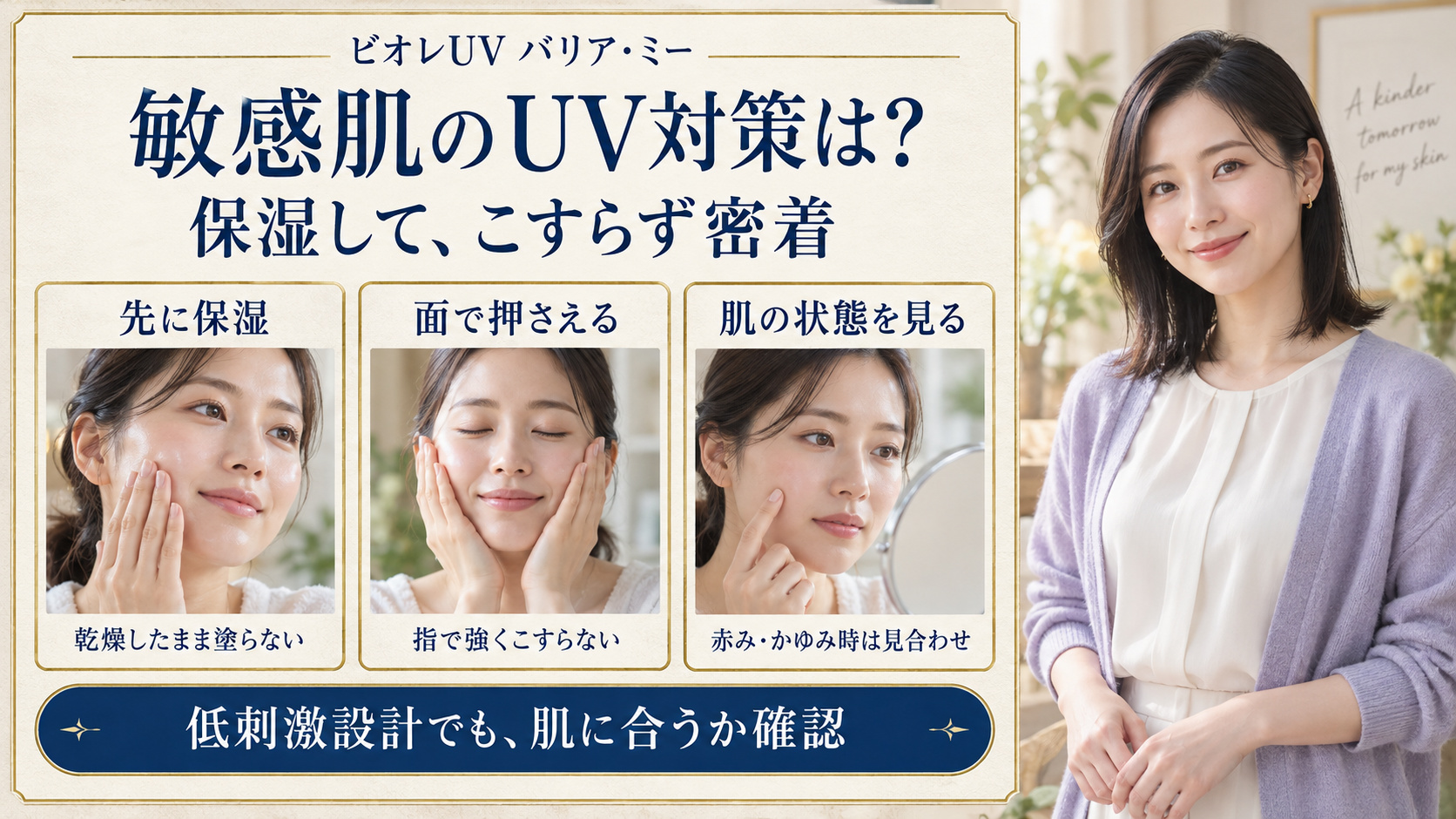 敏感肌のUV対策は事前保湿、面で優しく押さえる塗布、肌の状態確認。低刺激設計でも肌に合うか確認。