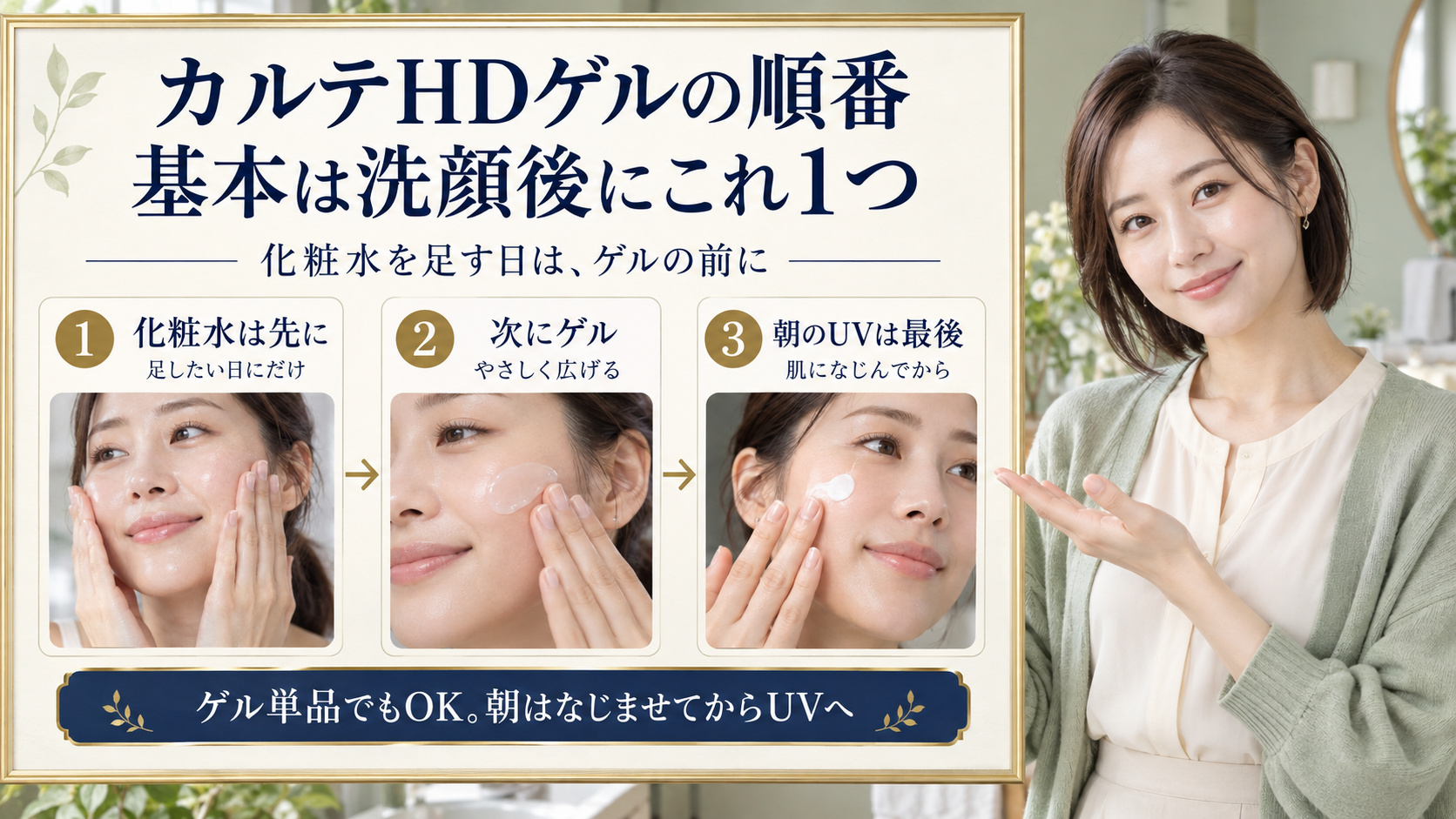 基本は洗顔後にゲル1つ。化粧水を足す日は先に使い、朝の日焼け止めはゲルがなじんでから。