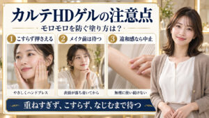 カルテHDゲルの注意点。こすらず押さえる、メイク前は待つ、違和感なら中止の3つを写真で説明。