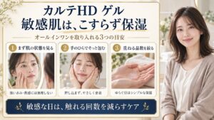 カルテHDオールインワンゲルを敏感肌に取り入れる目安。肌状態を確認し、手のひらでそっと包み、重ねる品数を絞る。