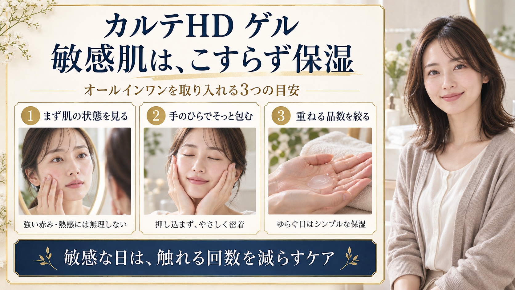 カルテHDオールインワンゲルを敏感肌に取り入れる目安。肌状態を確認し、手のひらでそっと包み、重ねる品数を絞る。