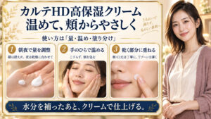 カルテHD高保湿クリームの使い方。朝夜で量を調整し、手のひらで温めて頬からやさしく塗り、乾燥する部分に重ねる。