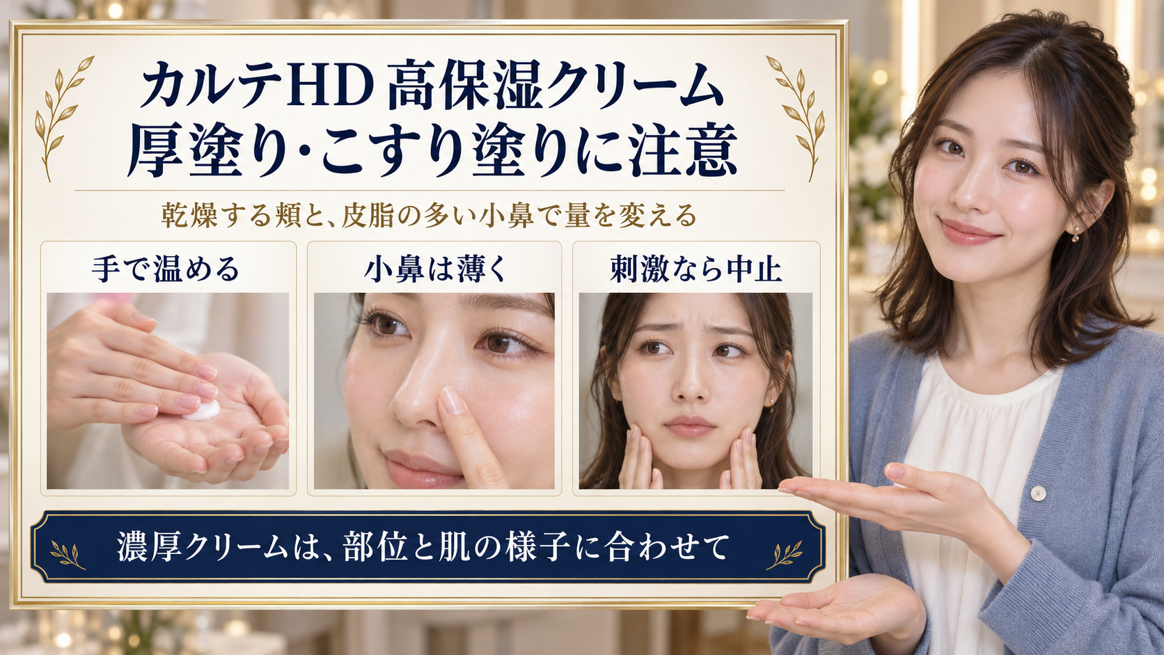 カルテHD高保湿クリームは手で温め、小鼻は薄く、刺激があれば中止する注意点