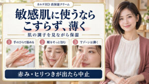 カルテHD高保湿クリームは手のひらで温め頬をそっと包みTゾーンは薄く。赤みやヒリつきが出たら中止。