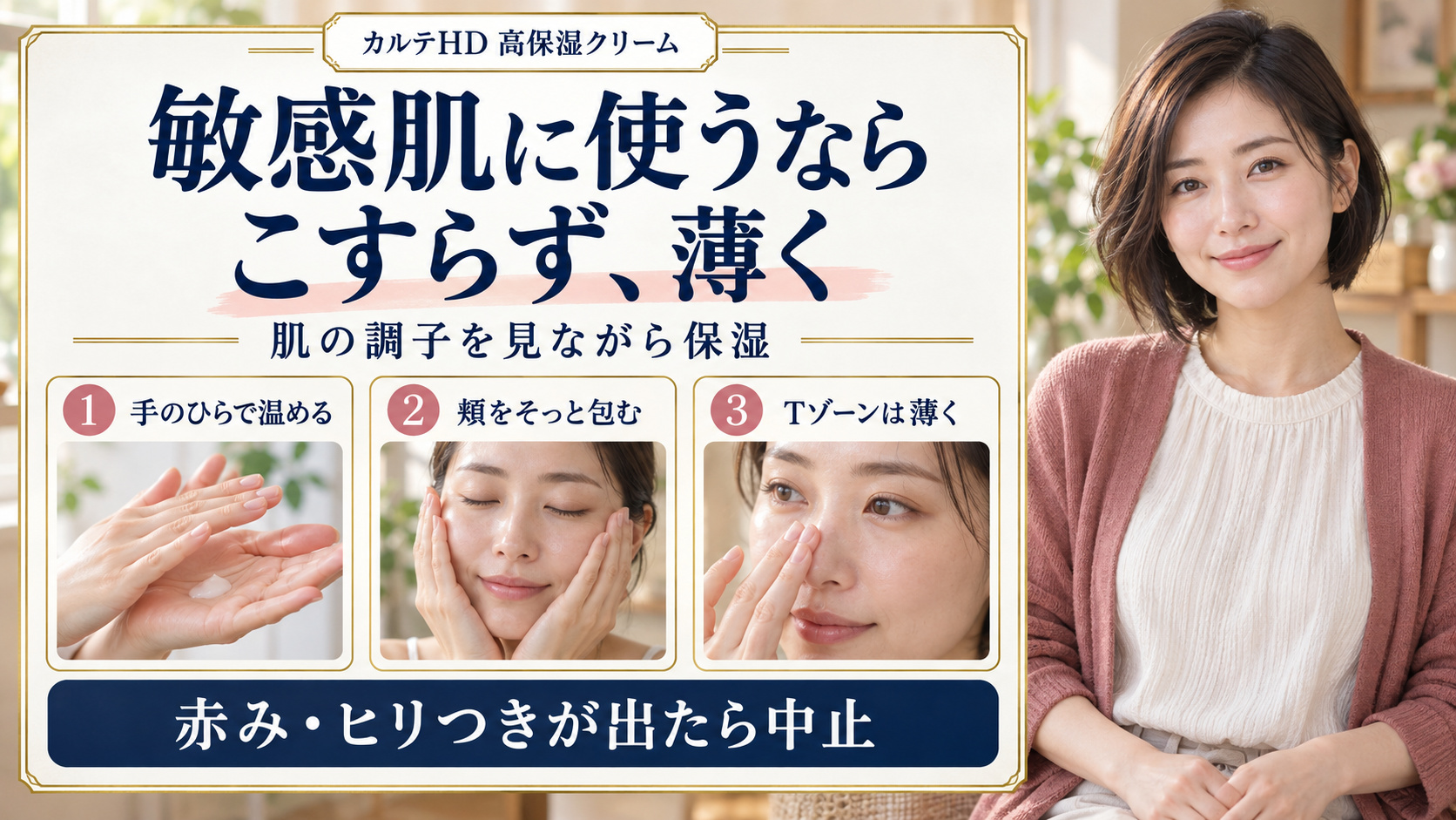 カルテHD高保湿クリームは手のひらで温め頬をそっと包みTゾーンは薄く。赤みやヒリつきが出たら中止。