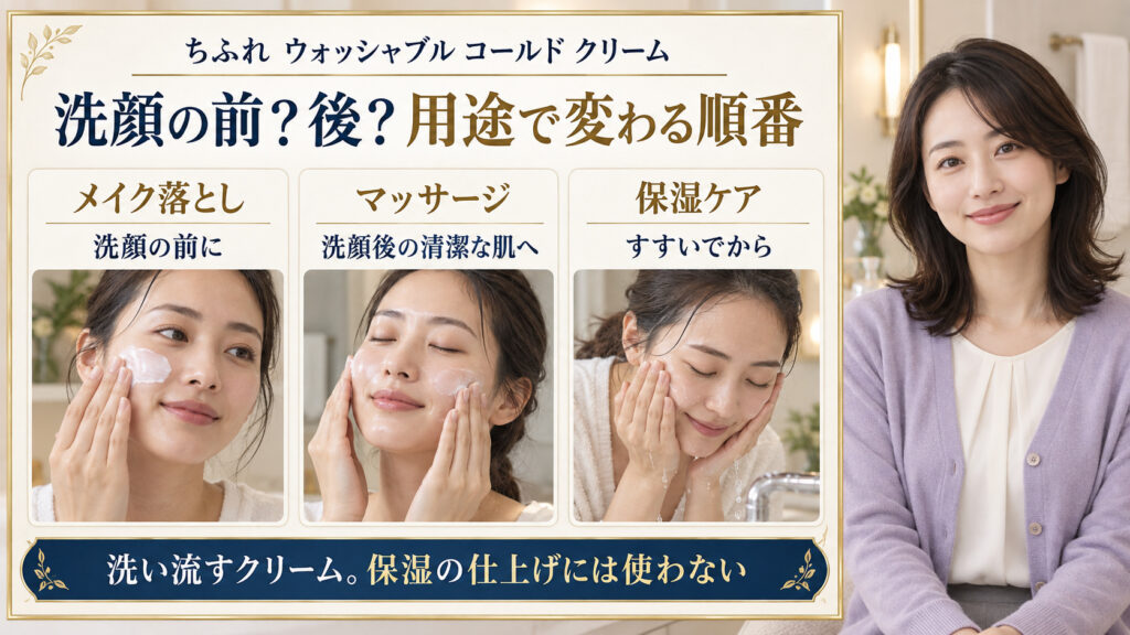 洗顔の前か後かを用途別に解説。メイク落としは洗顔前、マッサージは清潔な洗顔後、保湿はすすいでから。