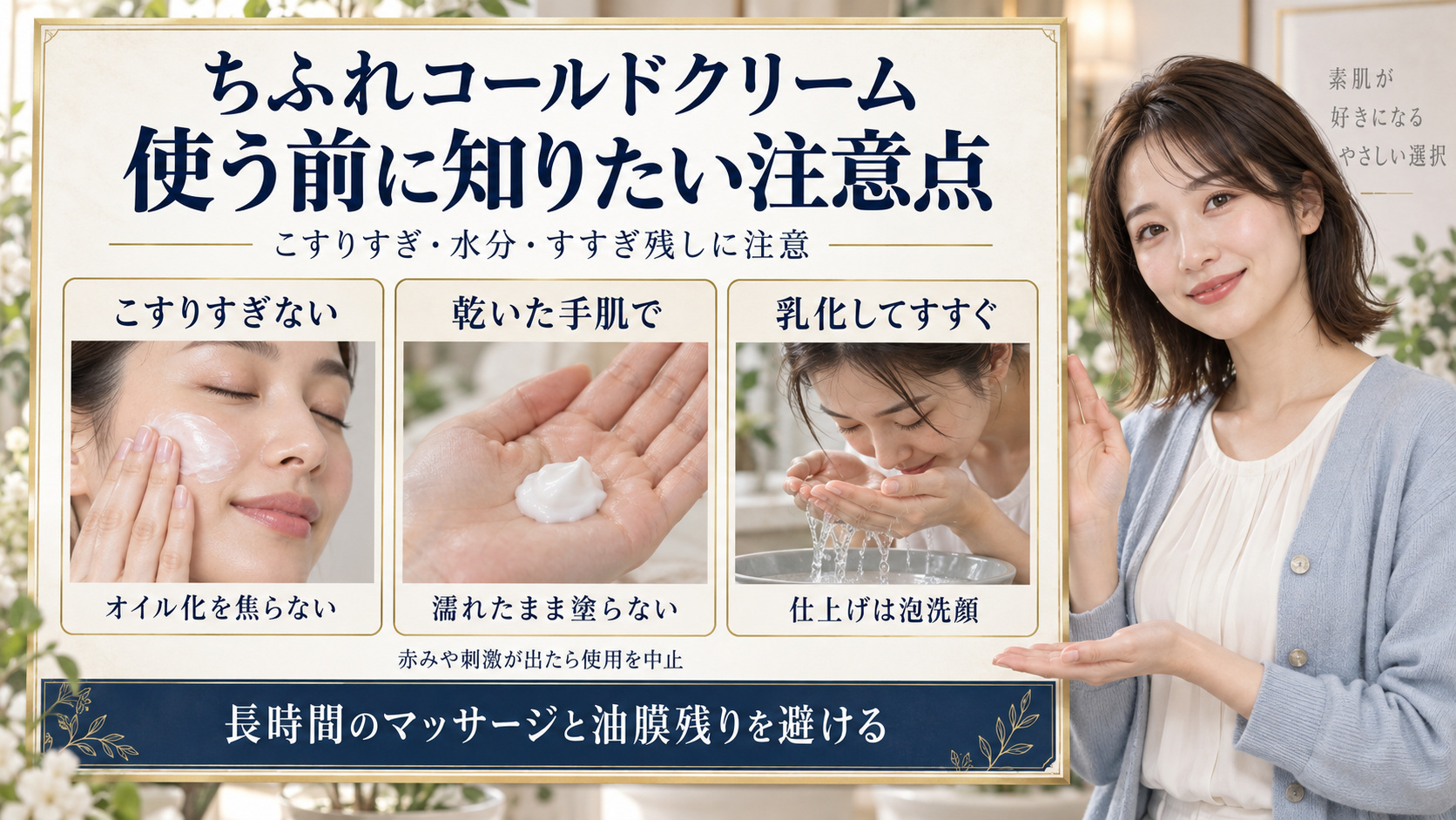 ちふれコールドクリームはこすりすぎず乾いた手肌で使い乳化してすすぐ。長時間のマッサージと油膜残りを避ける。