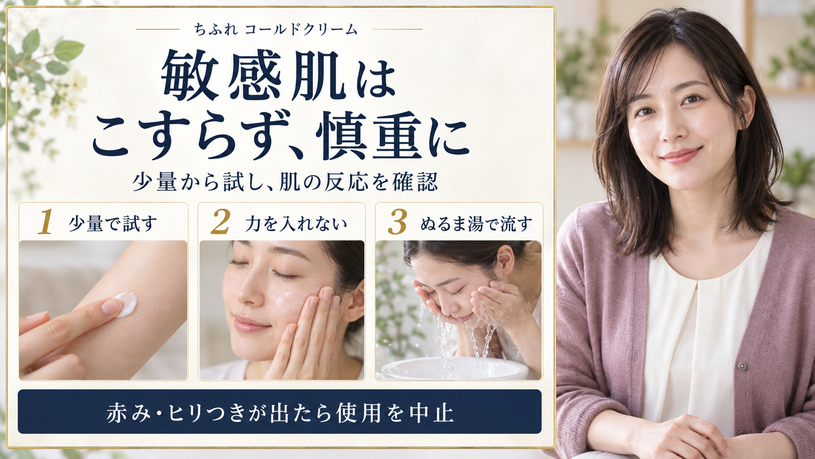 敏感肌はこすらず慎重に。少量で試す、力を入れない、ぬるま湯で流す。赤みやヒリつきが出たら使用を中止。