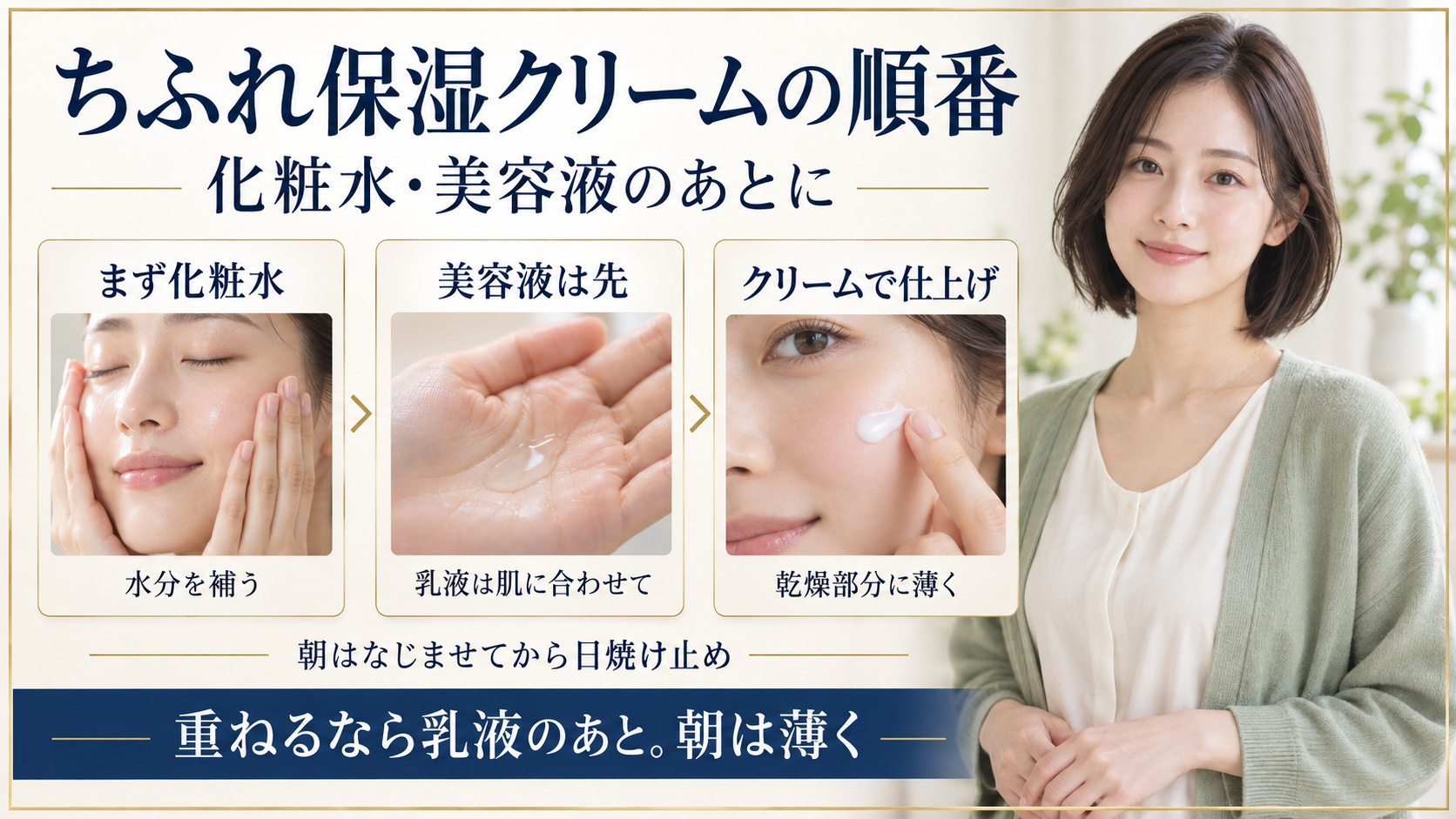 ちふれ保湿クリームは化粧水と美容液のあと。乳液を重ねるならその後に、朝は薄くなじませて日焼け止めへ