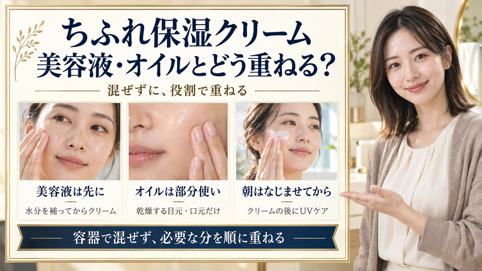 ちふれ保湿クリームは美容液の後に重ね、オイルは乾燥部分へ、朝はなじませてからUVケアする併用ガイド
