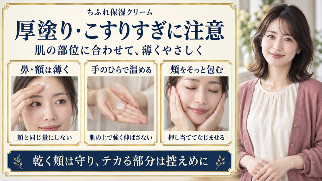ちふれ保湿クリームは鼻と額を薄くし、手のひらで温めて頬をそっと包む