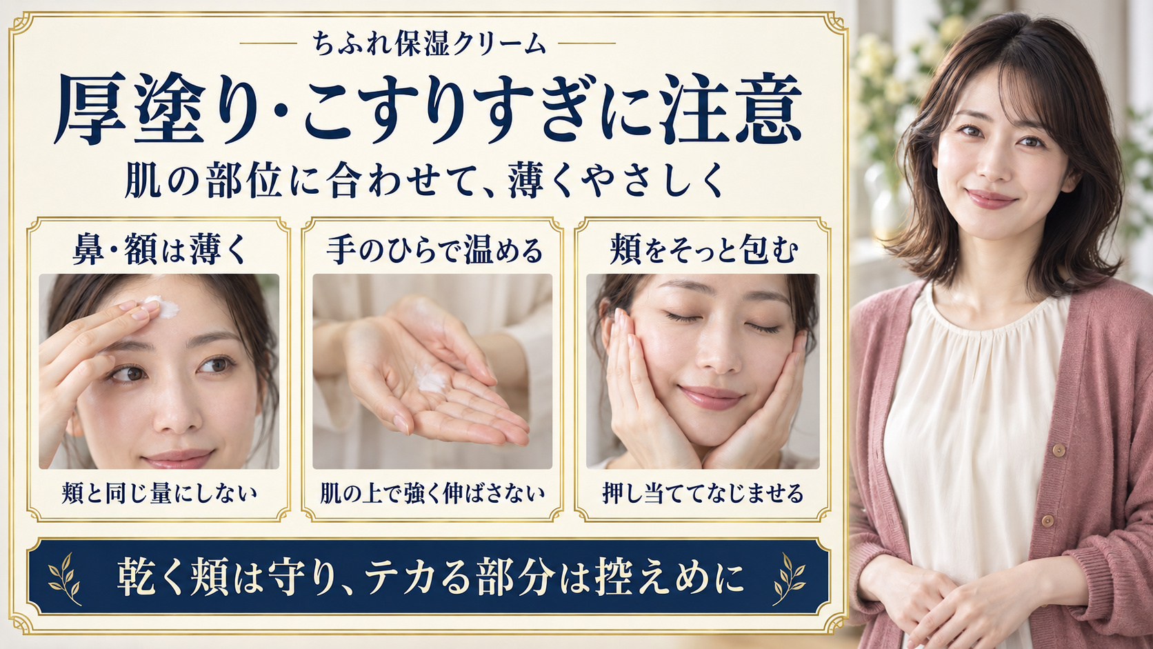 ちふれ保湿クリームは鼻と額を薄くし、手のひらで温めて頬をそっと包む
