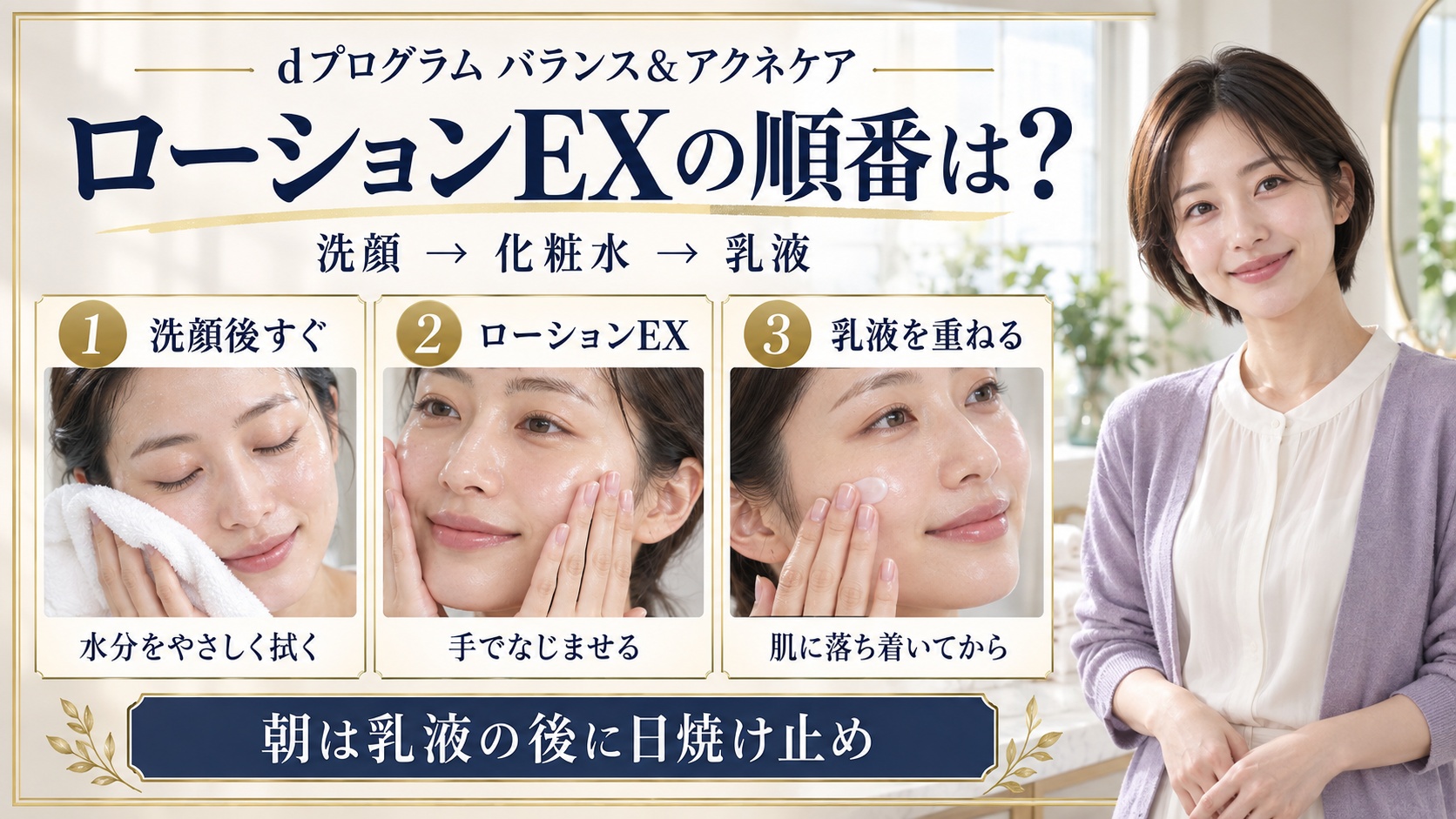 dプログラムのローションEXは洗顔後、乳液の前。朝は乳液の後に日焼け止めを重ねる手順