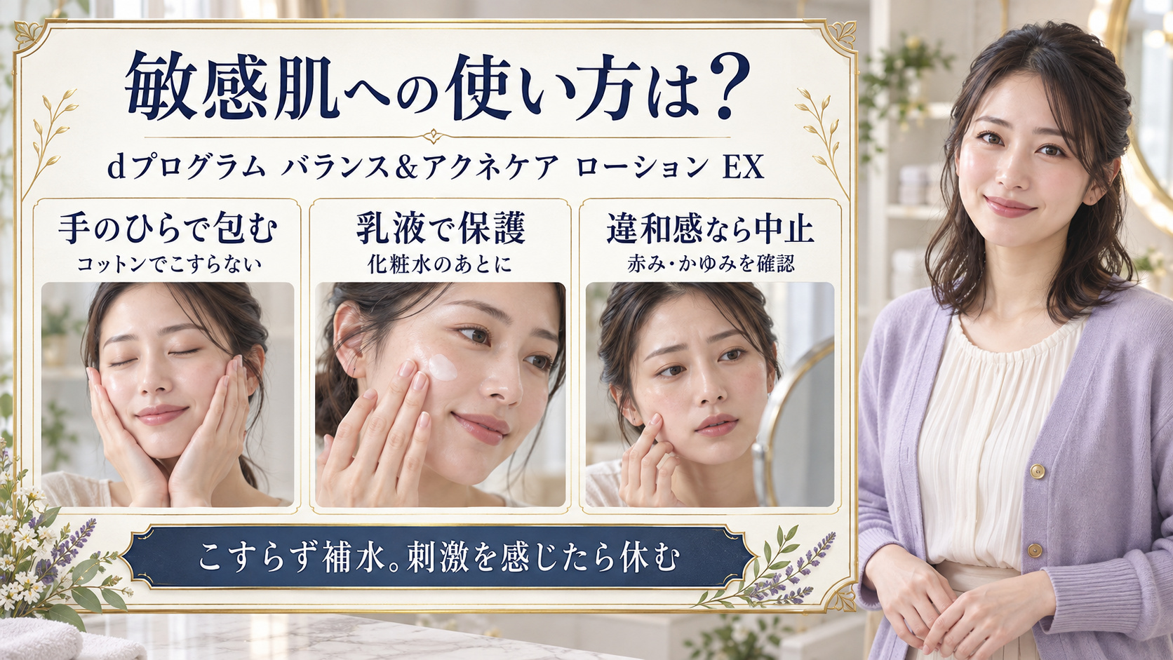 敏感肌への使い方は、手のひらで包み、乳液で保護し、違和感なら中止。こすらず補水し刺激を感じたら休む。