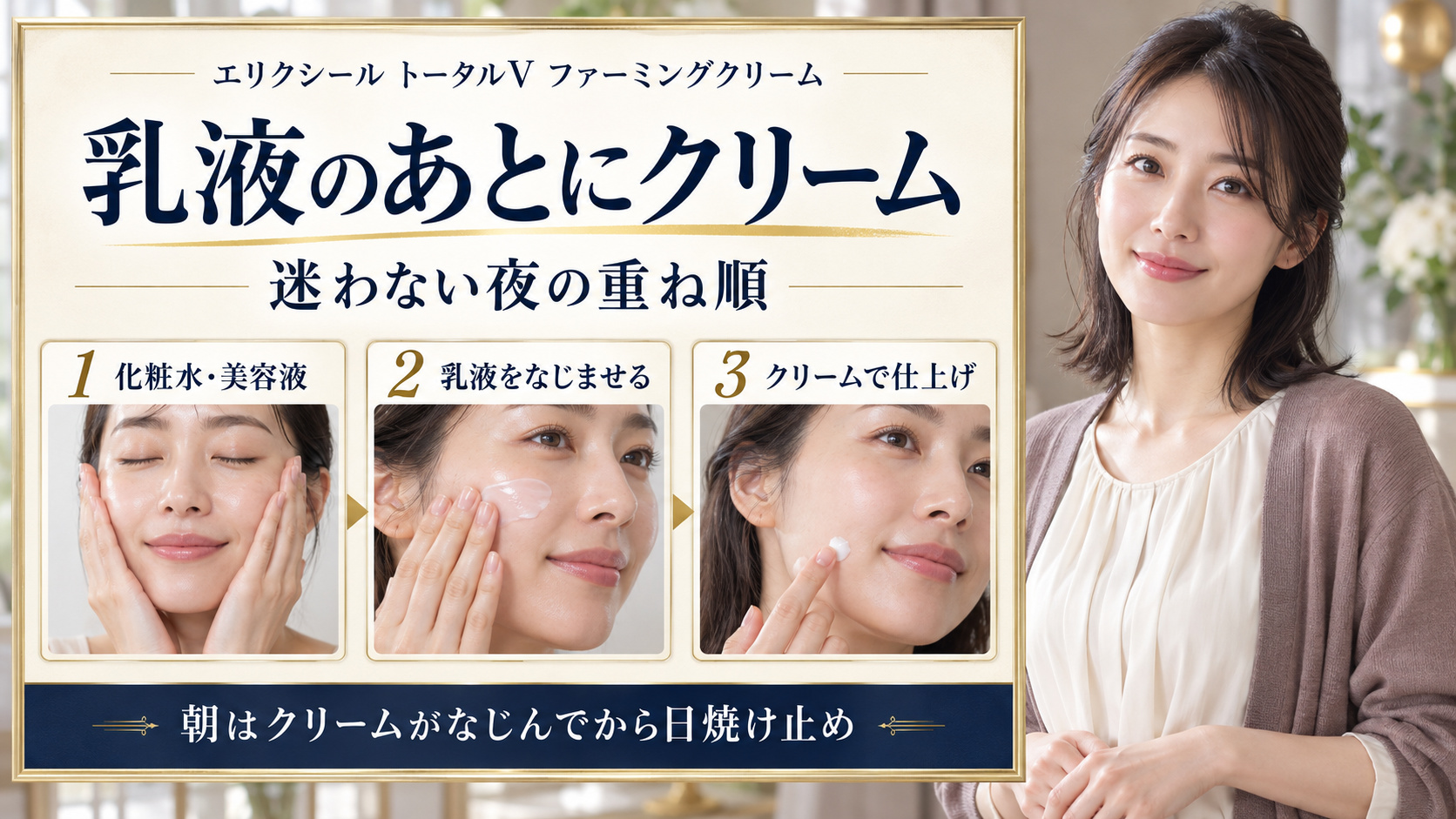 乳液のあとにクリーム。化粧水・美容液、乳液、クリームの順で重ね、朝はなじんでから日焼け止め。