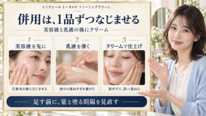 美容液を先に、乳液を薄く、クリームで仕上げる併用手順。1品ずつなじませ、量と塗る間隔を見直す。