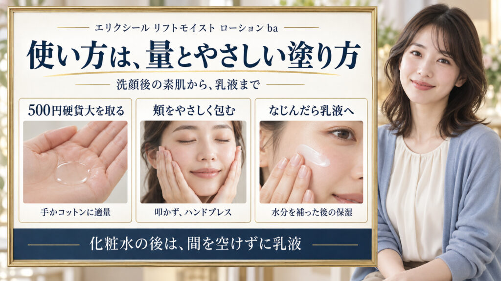 適量を取り、頬をやさしく包み、なじんだら乳液で保湿する使い方