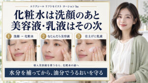 化粧水は洗顔のあと。なじんだら美容液、仕上げに乳液を重ねる順番