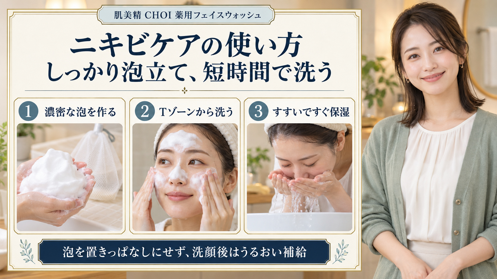 ニキビケアの使い方。濃密な泡を作り、Tゾーンから短時間で洗い、すすいですぐ保湿する。