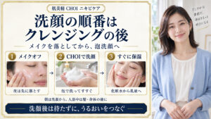夜はメイクオフ、CHOI泡洗顔、化粧水と乳液の順。朝は洗顔から、入浴中は髪と身体の後。