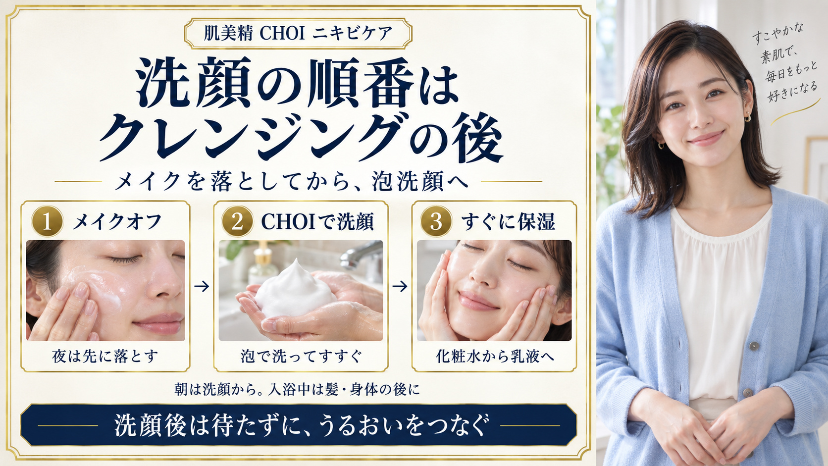 夜はメイクオフ、CHOI泡洗顔、化粧水と乳液の順。朝は洗顔から、入浴中は髪と身体の後。