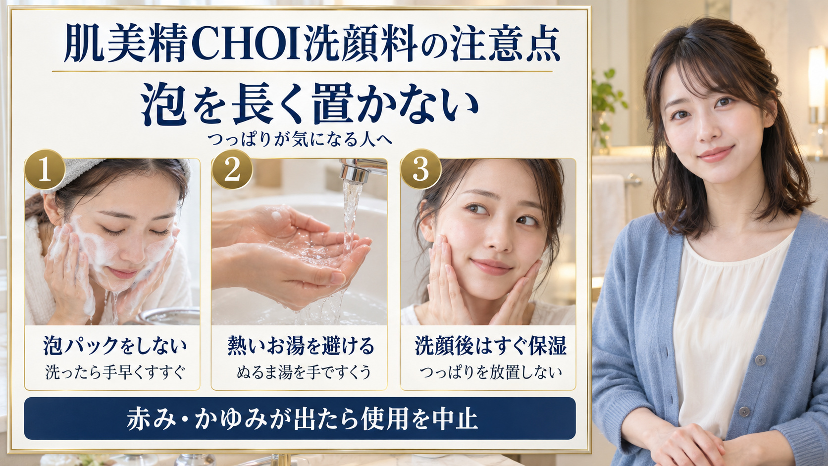 泡パックを避け、ぬるま湯ですすぎ、洗顔後すぐに保湿する肌美精CHOI洗顔料の注意点