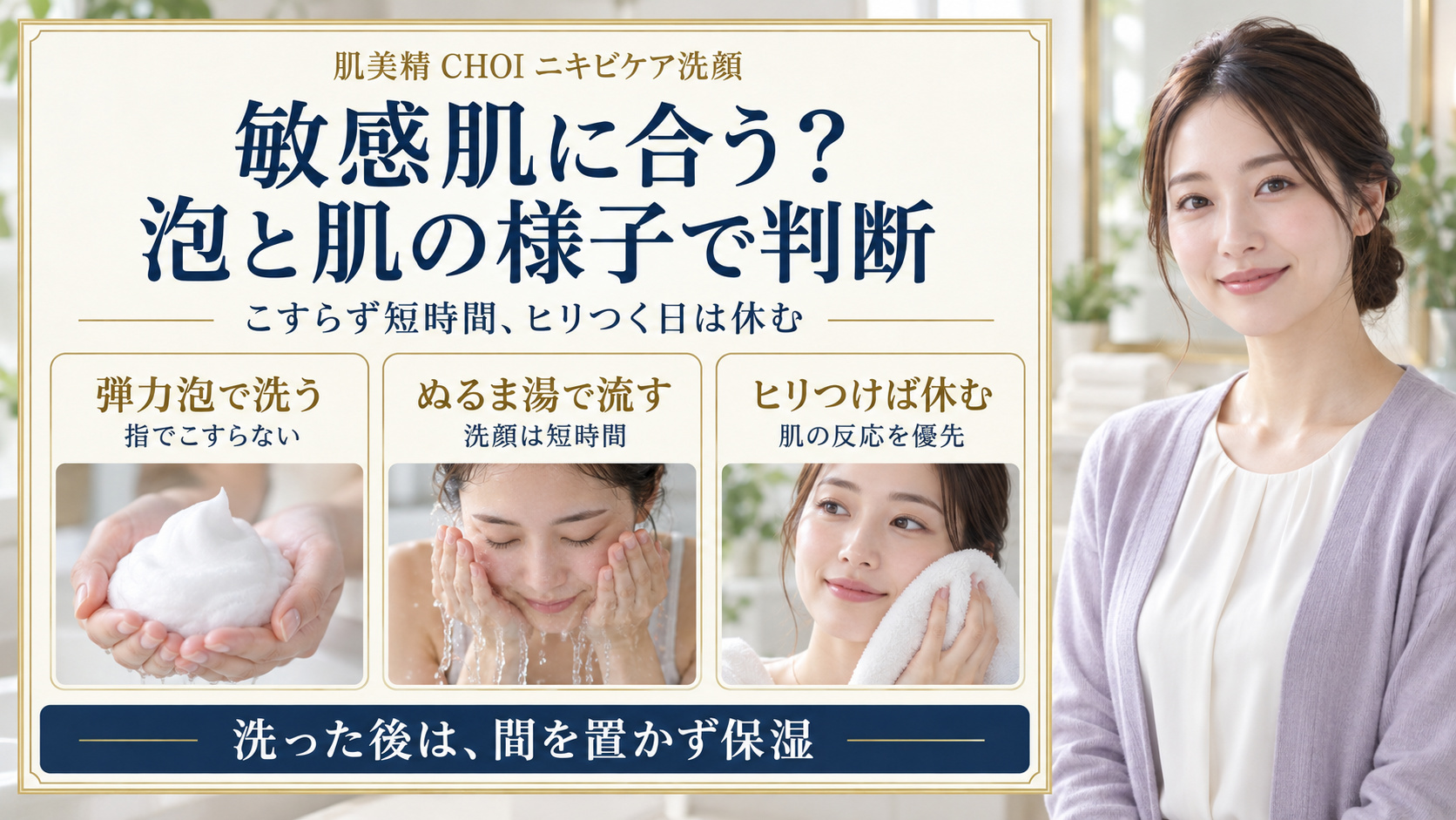 敏感肌に合うかは泡と肌の様子で判断。弾力泡でこすらず短時間洗い、ぬるま湯ですすぎ、ヒリつけば休む。洗顔後はすぐ保湿。